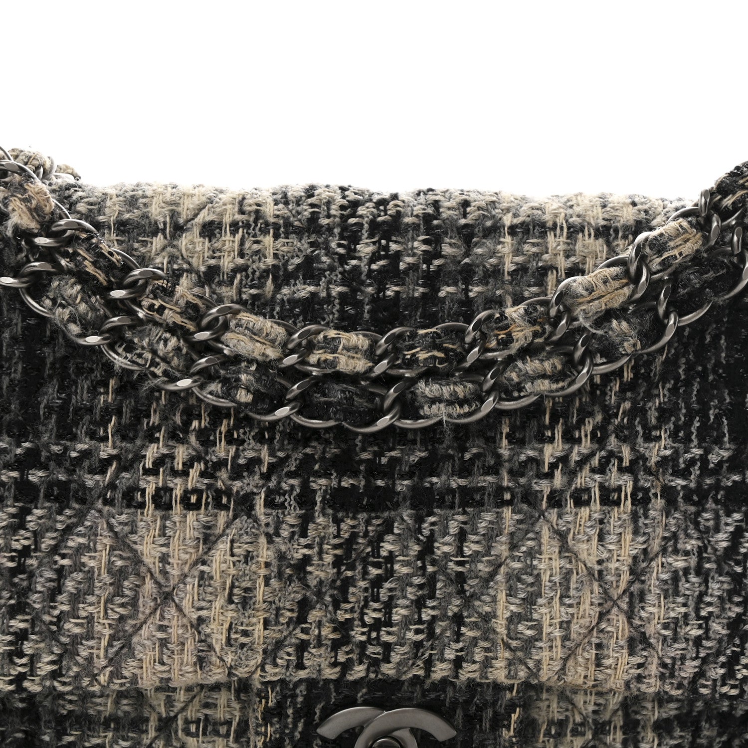 Tweed Quilted Medium Double Flap Beige White Black