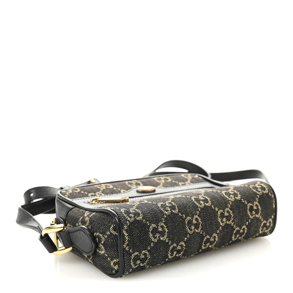 Jacquard Black Denim GG Monogram Textured Dollar Calfskin Mini Ophidia Shoulder Bag Black Ivory