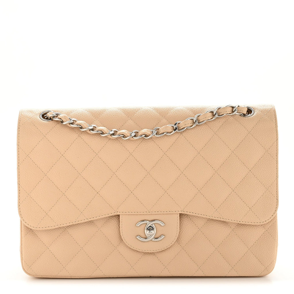 Caviar Quilted Jumbo Double Flap Beige Clair