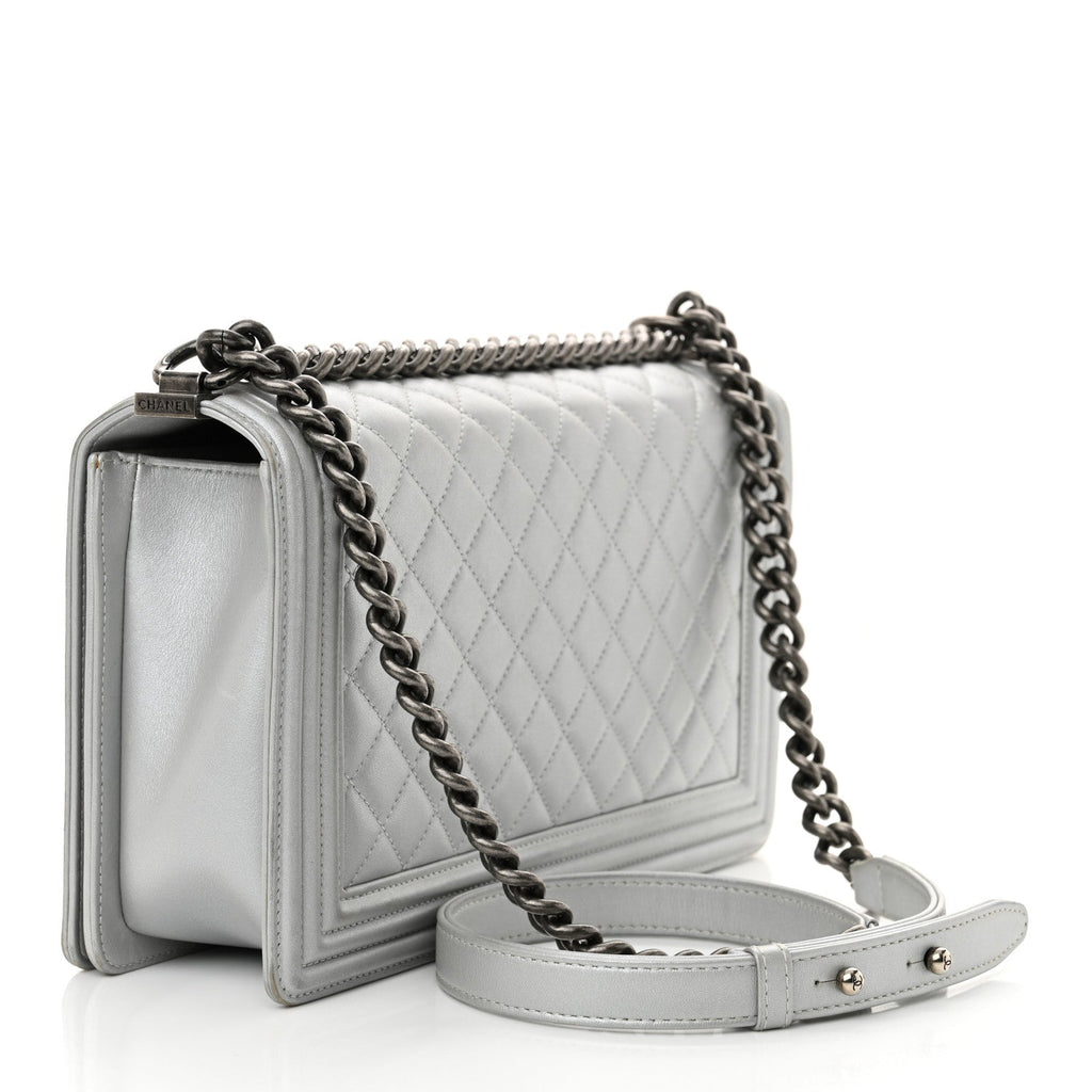 Metallic Calfskin Quilted New Medium Plexiglass Boy Flap Silver