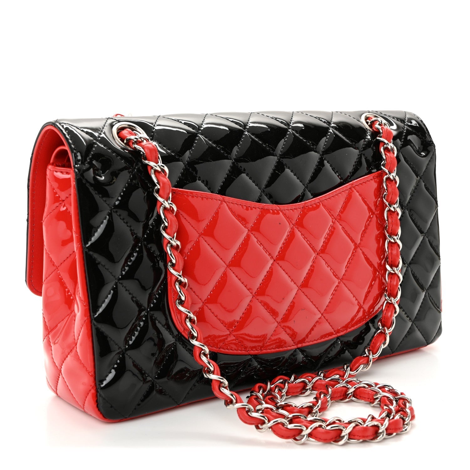 Patent Calfskin Quilted Bi-Color Medium Double Flap Black Red