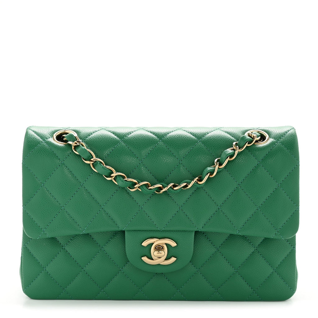Caviar Quilted Small Double Flap Green