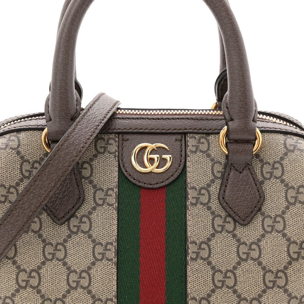 GG Supreme Monogram Textured Dollar Calfskin Web Mini Ophidia Top Handle Bag Beige Ebony New Acero