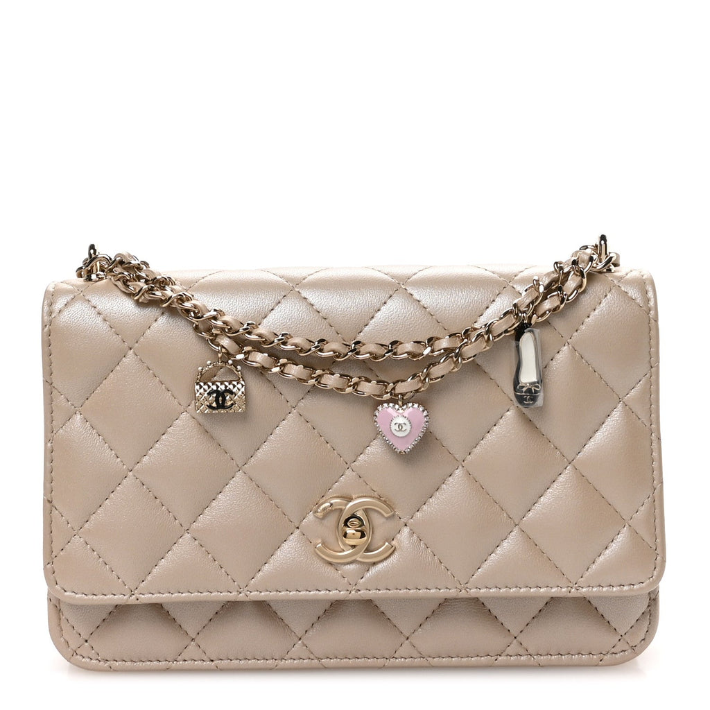 Pearly Lambskin Quilted Charms Wallet On Chain WOC Beige