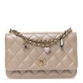 Pearly Lambskin Quilted Charms Wallet On Chain WOC Beige