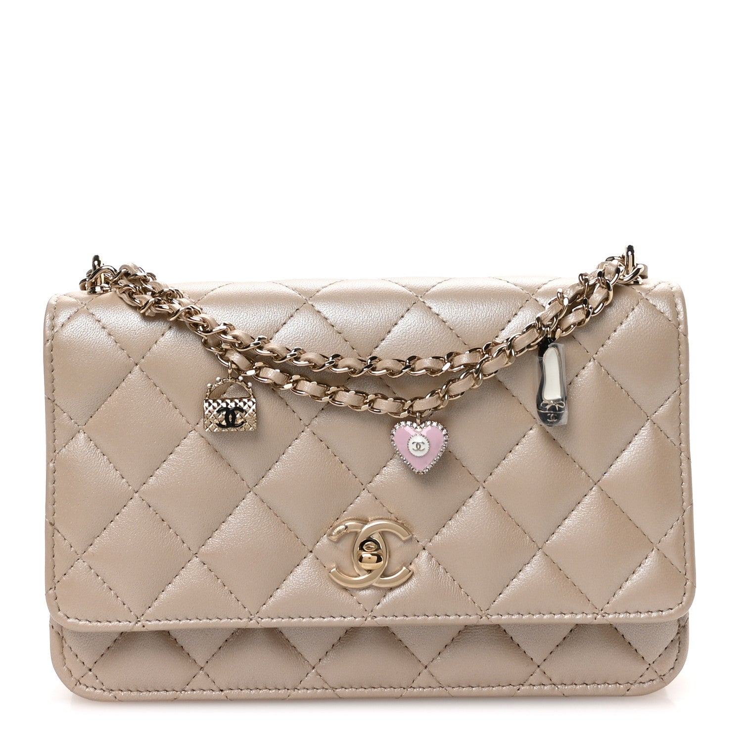 Pearly Lambskin Quilted Charms Wallet On Chain WOC Beige