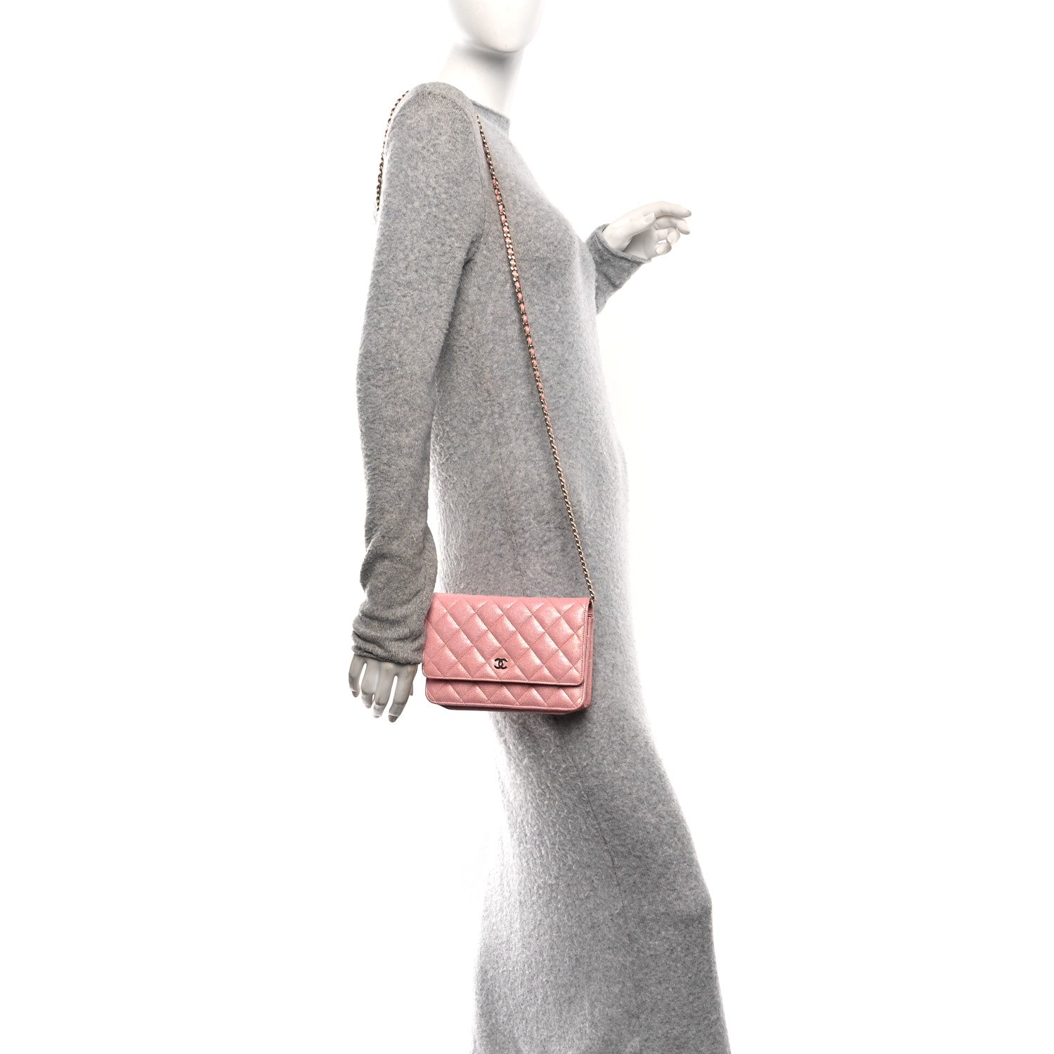 Iridescent Caviar Quilted Wallet on Chain WOC Rose Pink