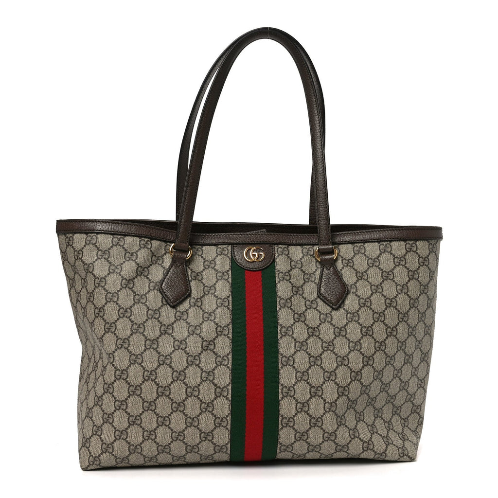 GG Supreme Monogram Textured Calfskin Web Medium Ophidia Shopping Tote Beige Ebony New Acero
