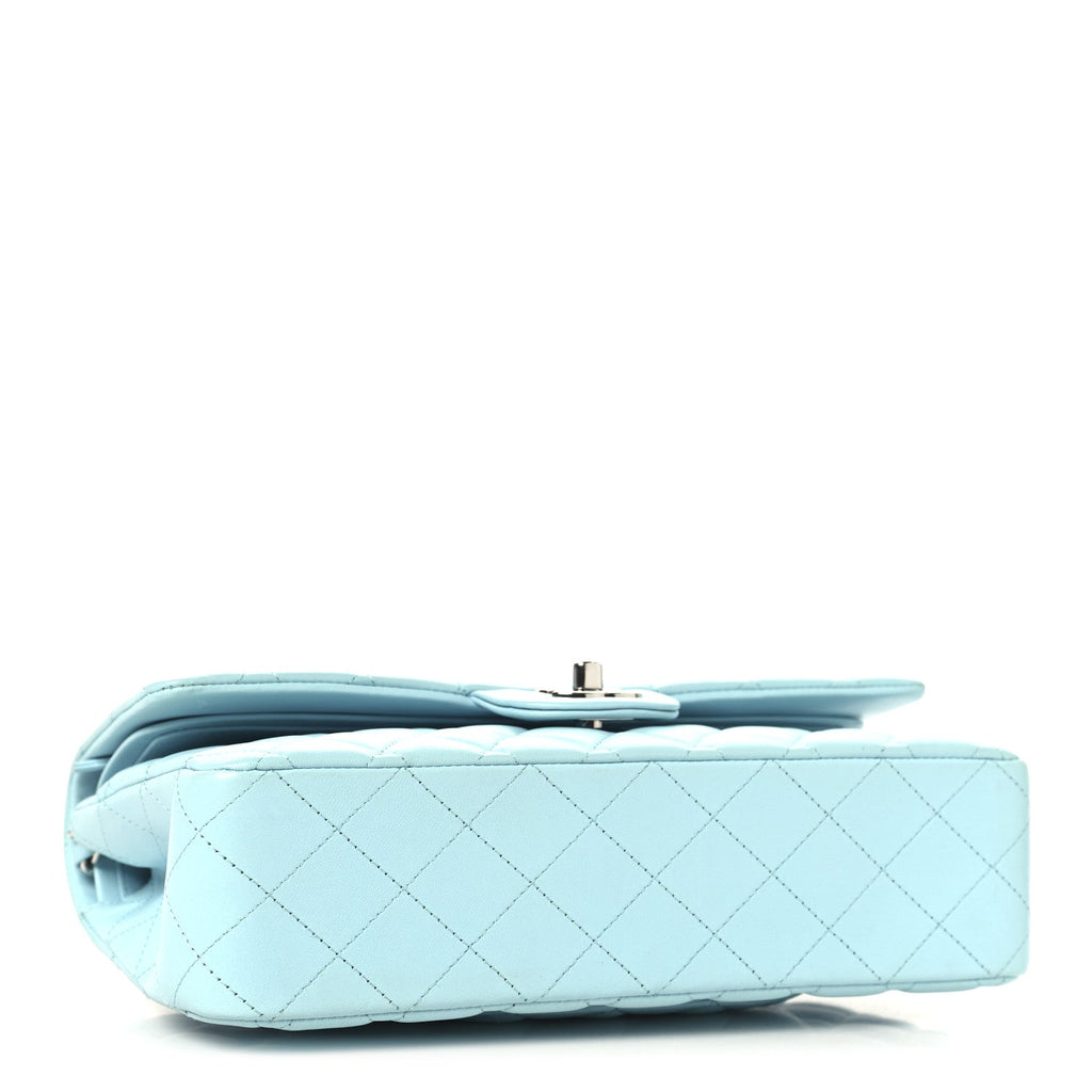 Lambskin Quilted Medium Double Flap Light Blue