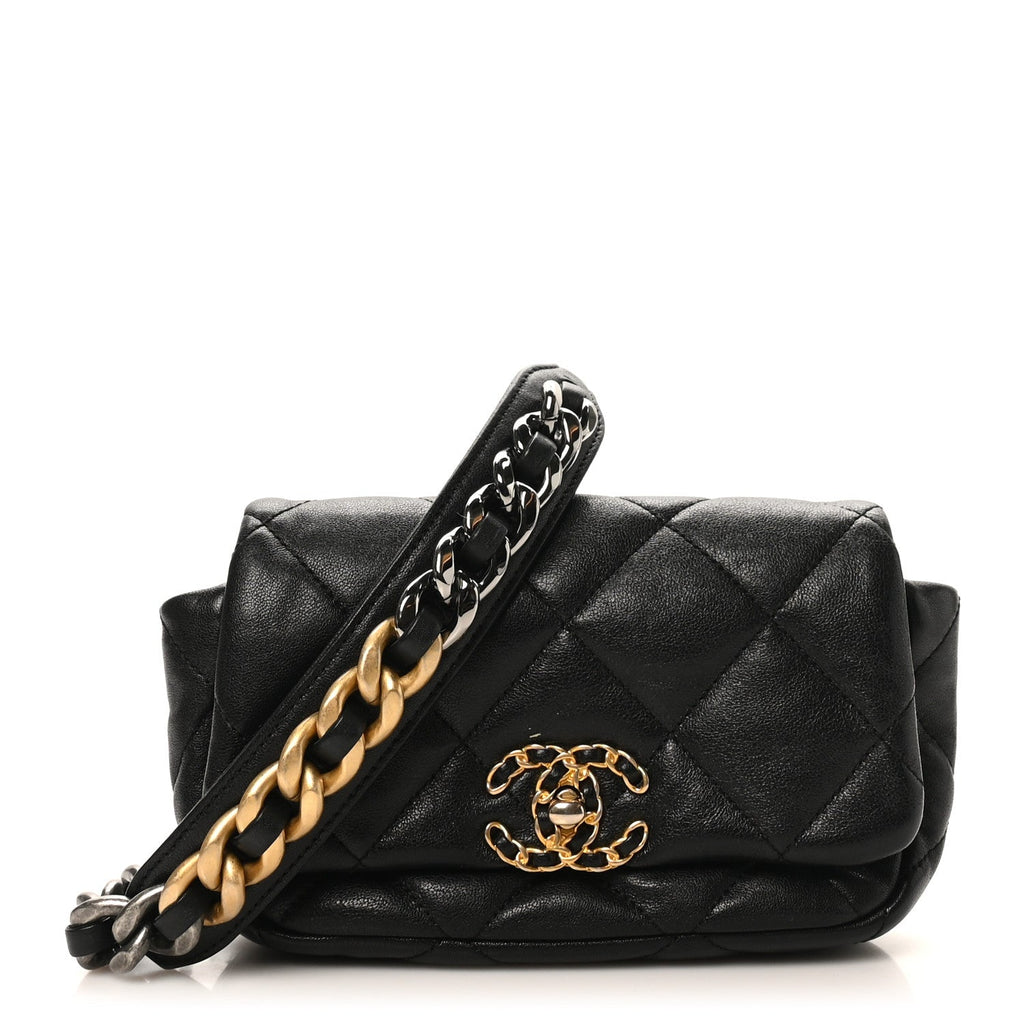 Goatskin Quilted Chanel 19 Waist Bag Black