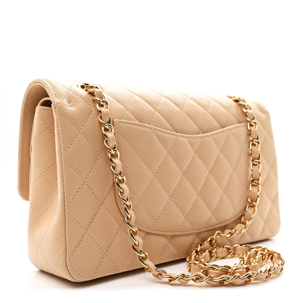 Caviar Quilted Medium Double Flap Beige
