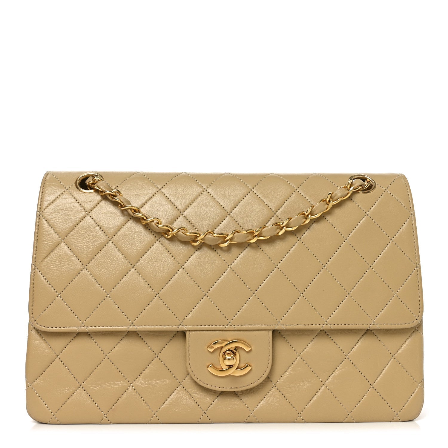 Lambskin Quilted Medium Double Flap Beige