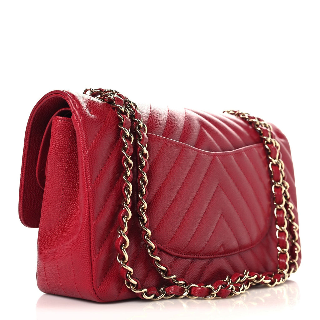 Caviar Chevron Quilted Medium Double Flap Red