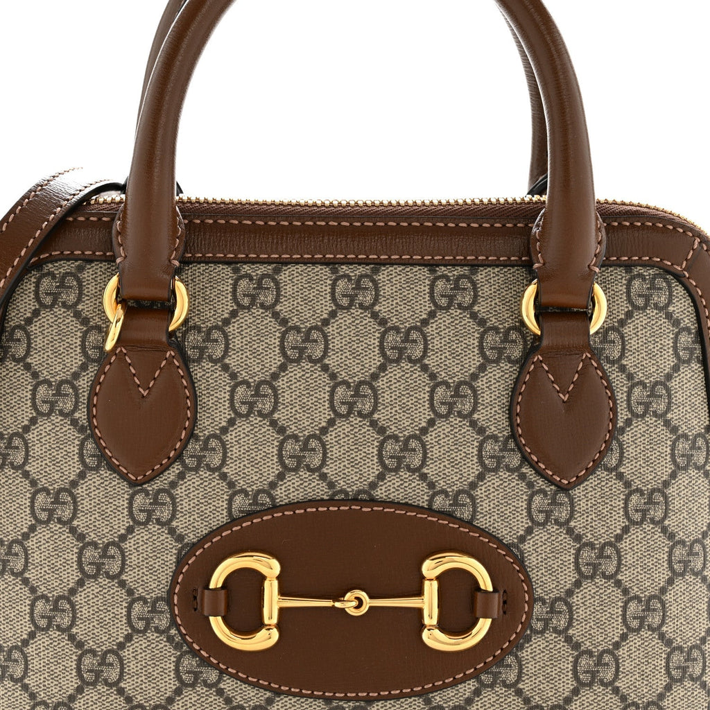 GG Supreme Monogram Azalea Calfskin Small Horsebit 1955 Top Handle Bag Beige Ebony Brown Sugar
