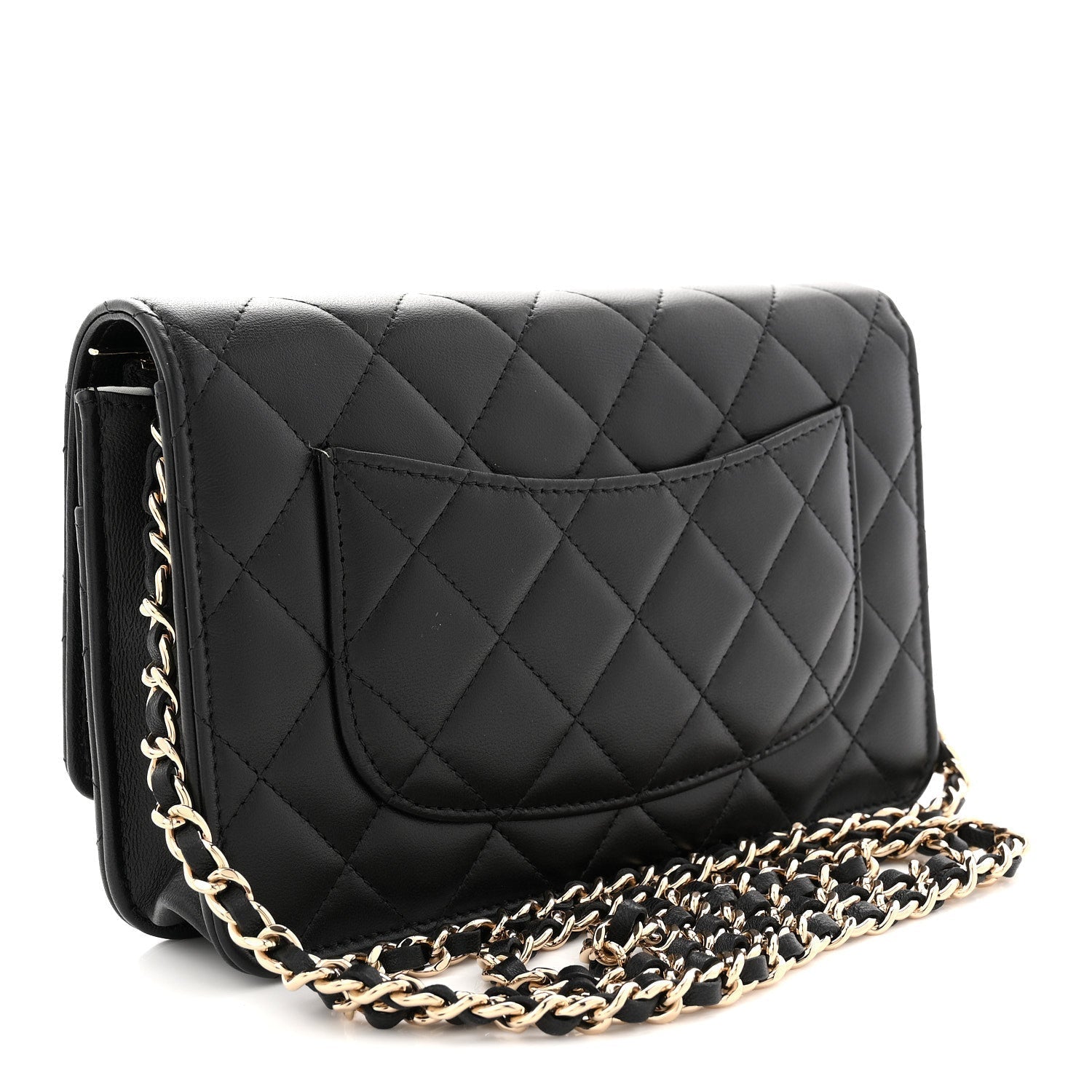 Lambskin Quilted Enamel CC Wallet On Chain WOC Black