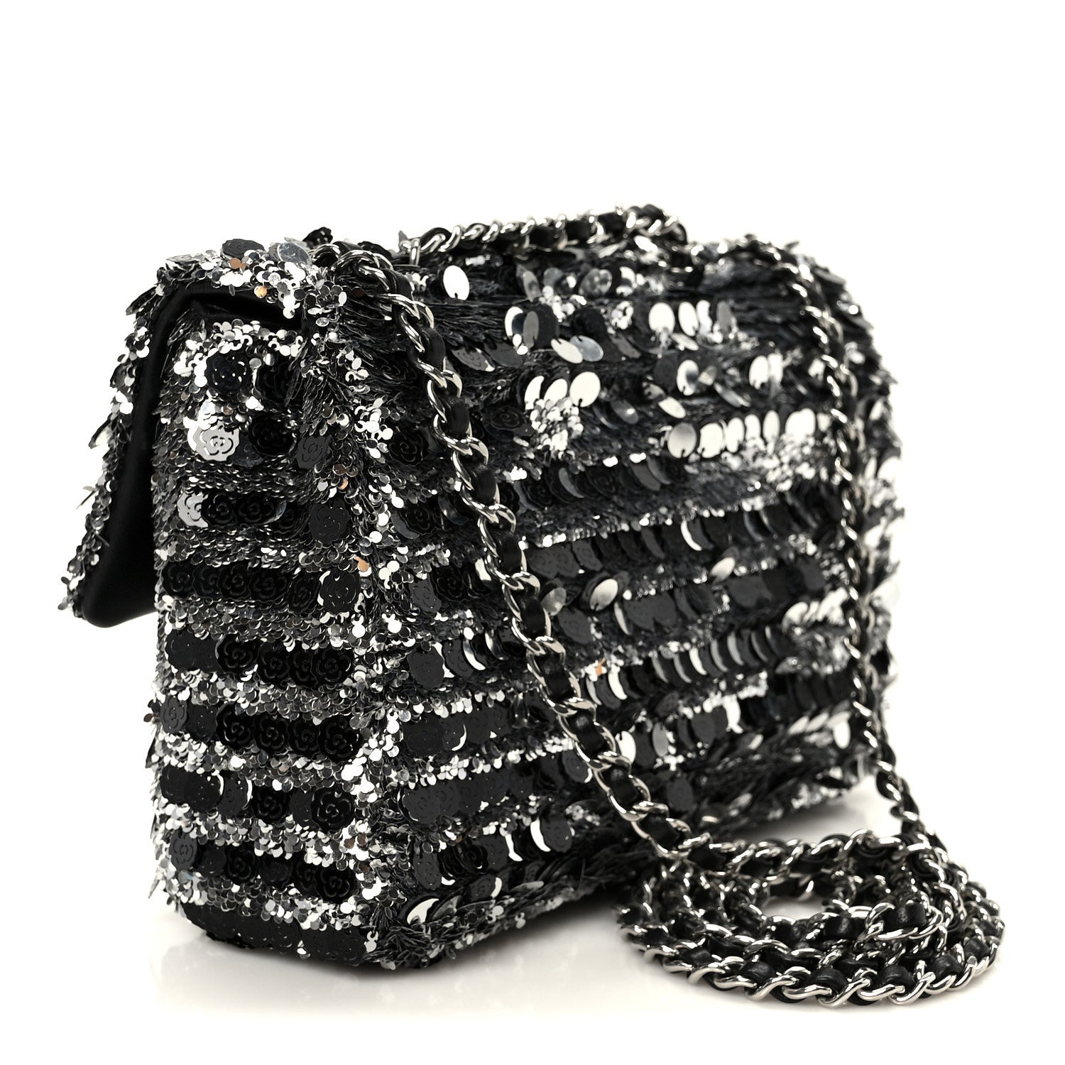 Sequin Camellia Small Single Flap Silver Black