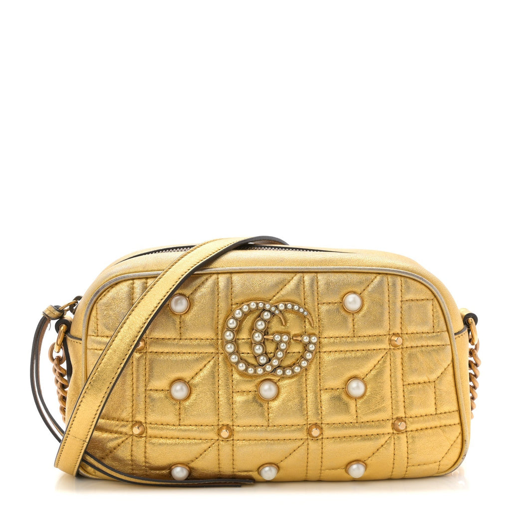 Metallic Calfskin Matelasse Studded Small Pearly GG Marmont Chain Shoulder Bag Gold