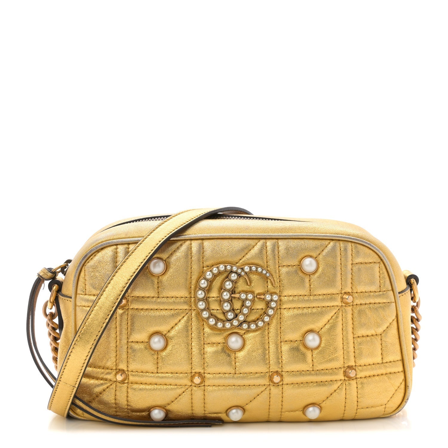 Metallic Calfskin Matelasse Studded Small Pearly GG Marmont Chain Shoulder Bag Gold
