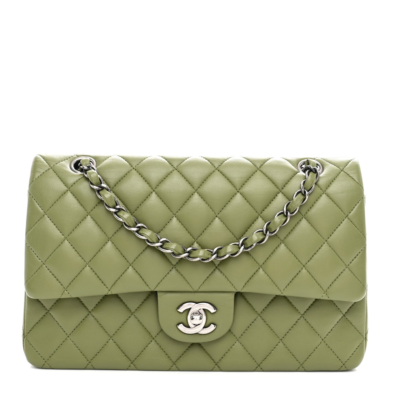 Lambskin Quilted Medium Double Flap Green