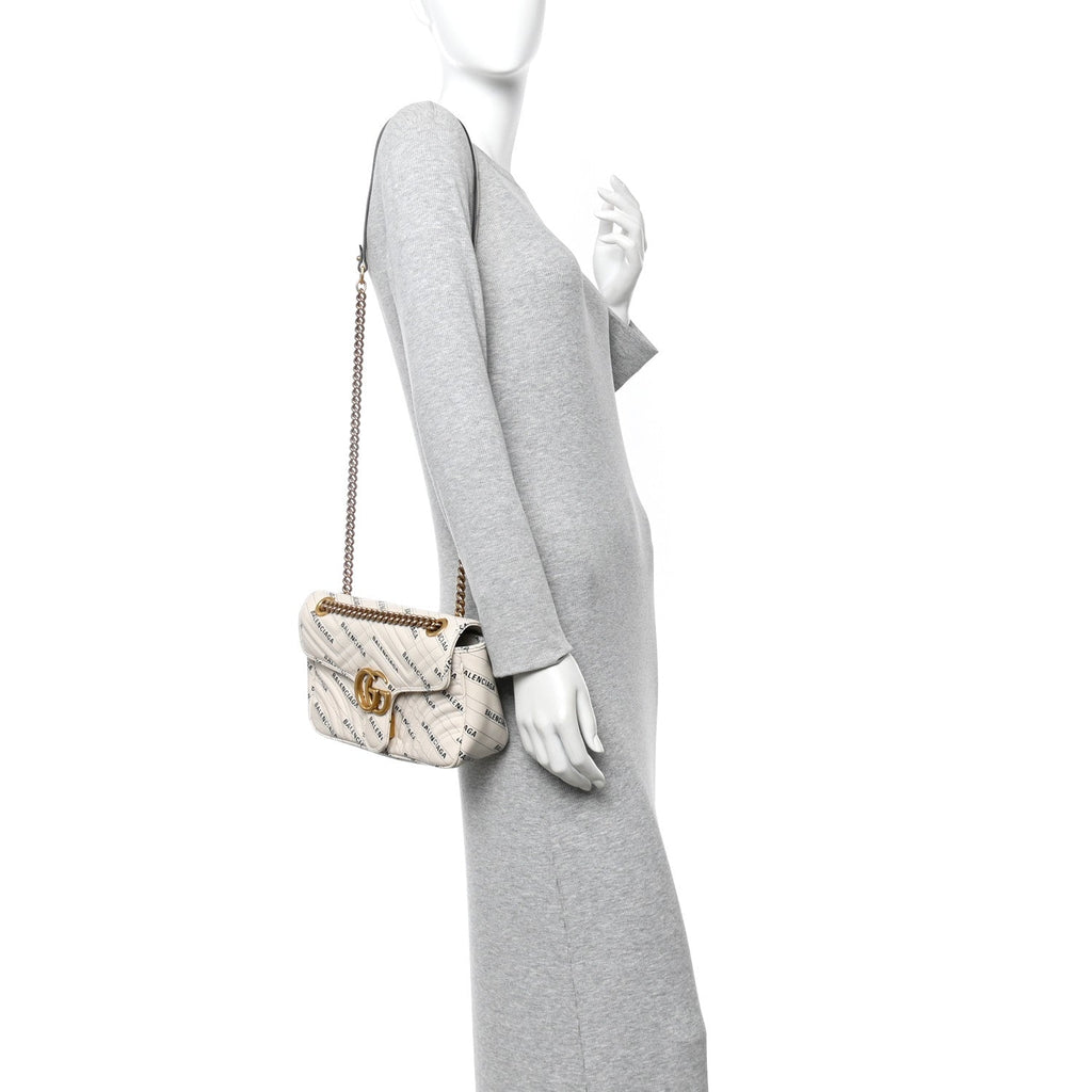 X BALENCIAGA Calfskin Matelasse Logo Print Small GG Marmont Shoulder Bag White