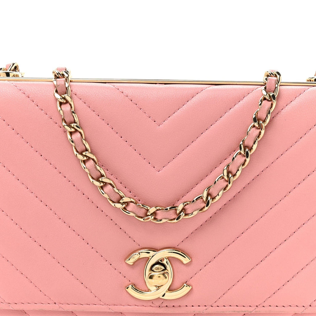 Lambskin Chevron Quilted Trendy CC Wallet On Chain WOC Pink