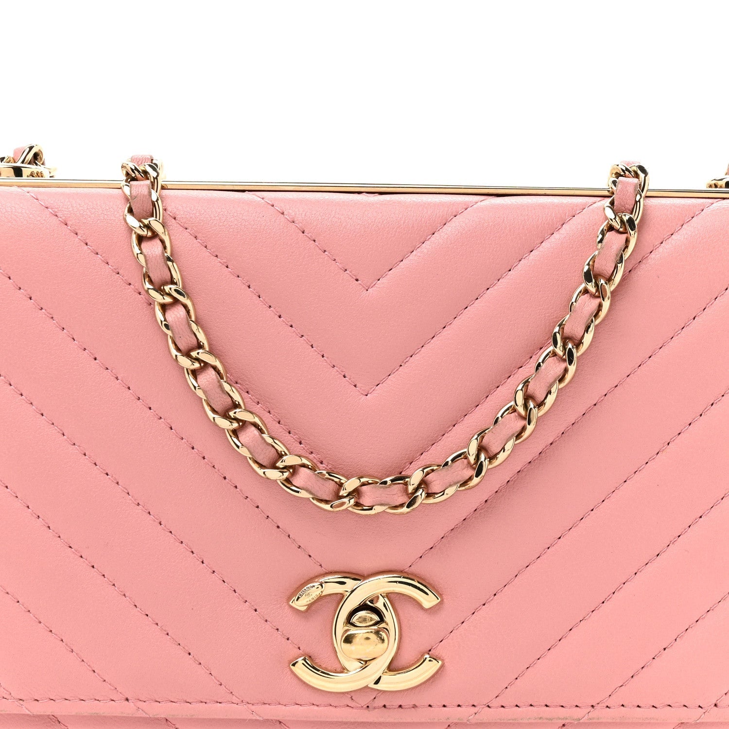 Lambskin Chevron Quilted Trendy CC Wallet On Chain WOC Pink