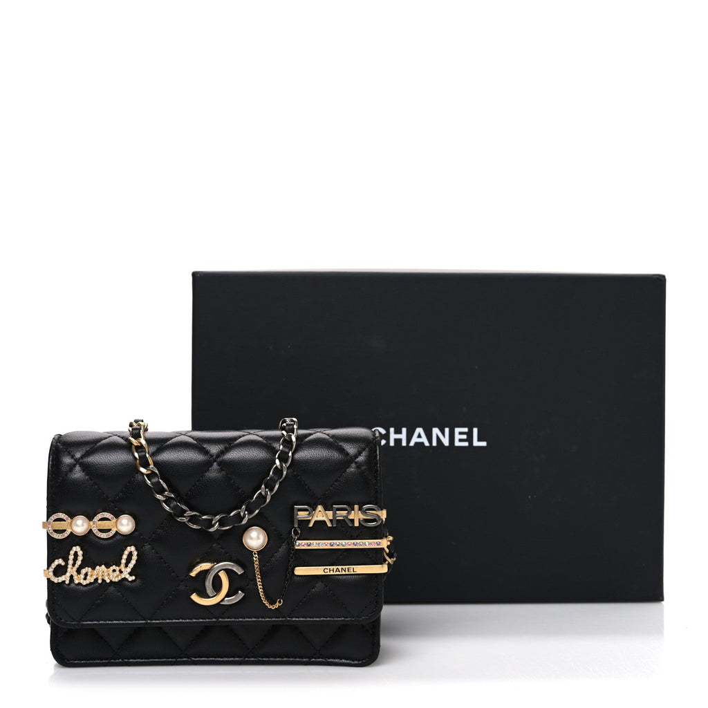 Lambskin Quilted Coco Clips Mini Wallet On Chain WOC Black