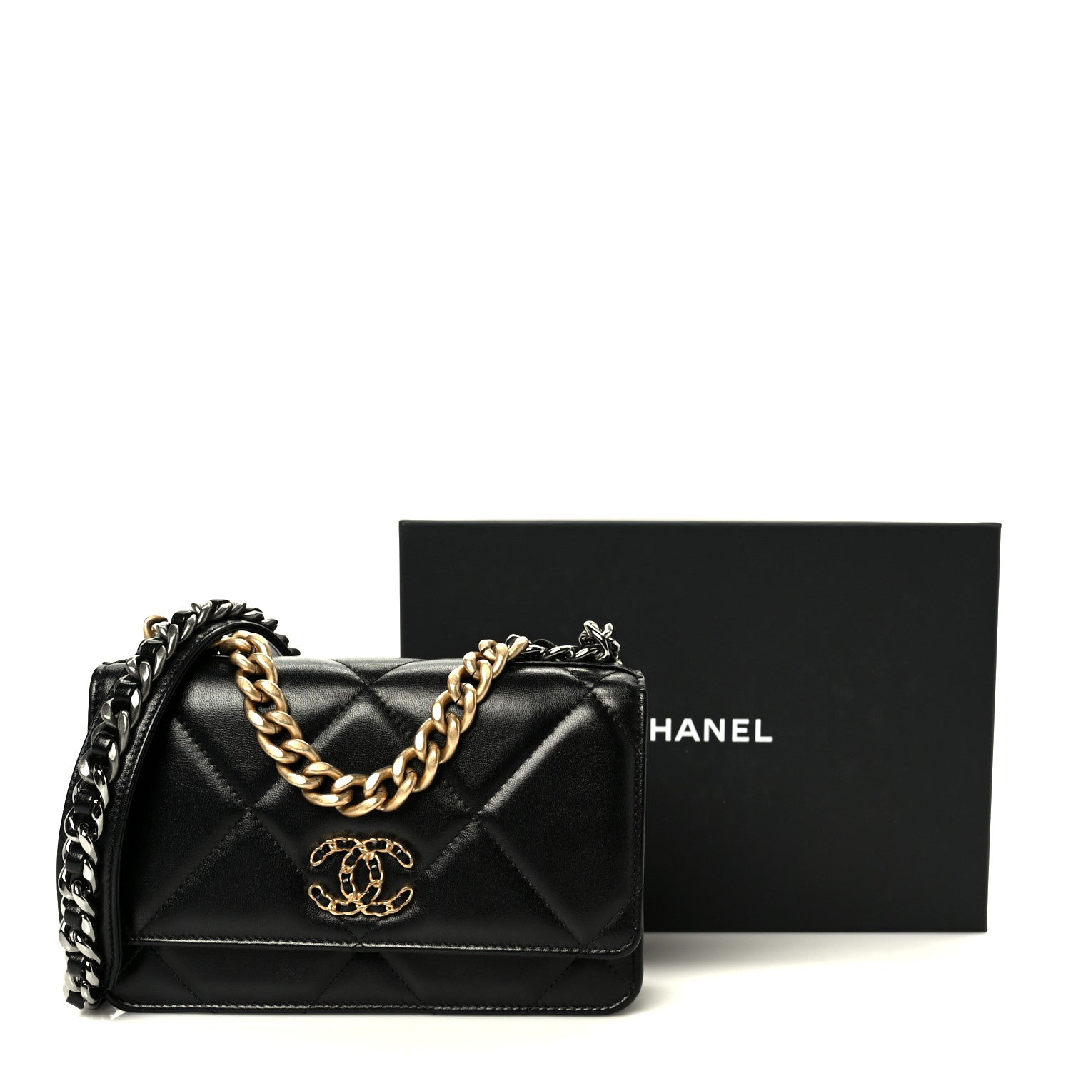 Lambskin Quilted Chanel 19 Wallet On Chain WOC Black