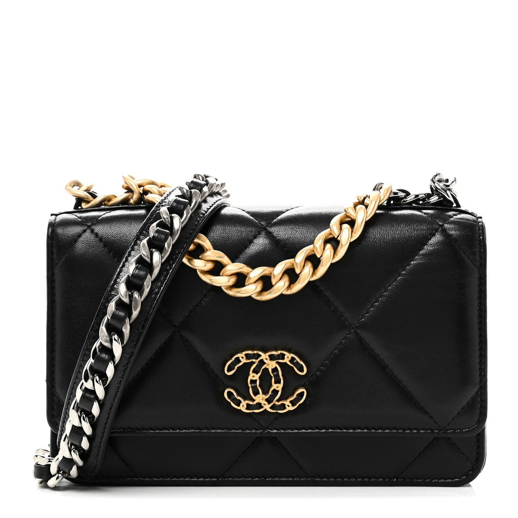 Lambskin Quilted Chanel 19 Wallet On Chain WOC Black