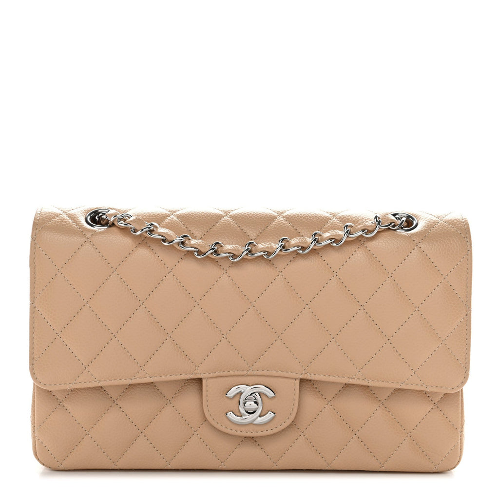 Caviar Quilted Medium Double Flap Beige