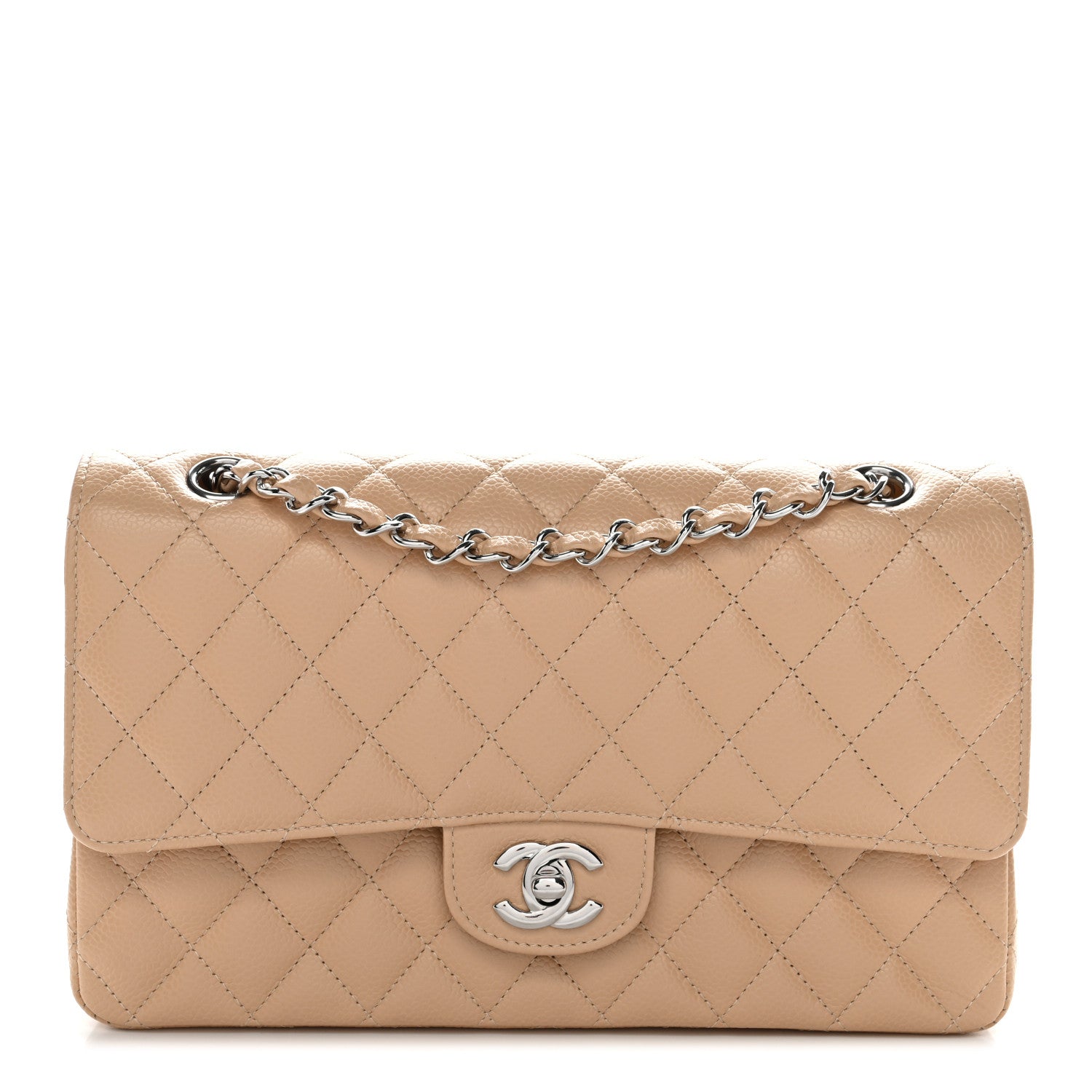 Caviar Quilted Medium Double Flap Beige