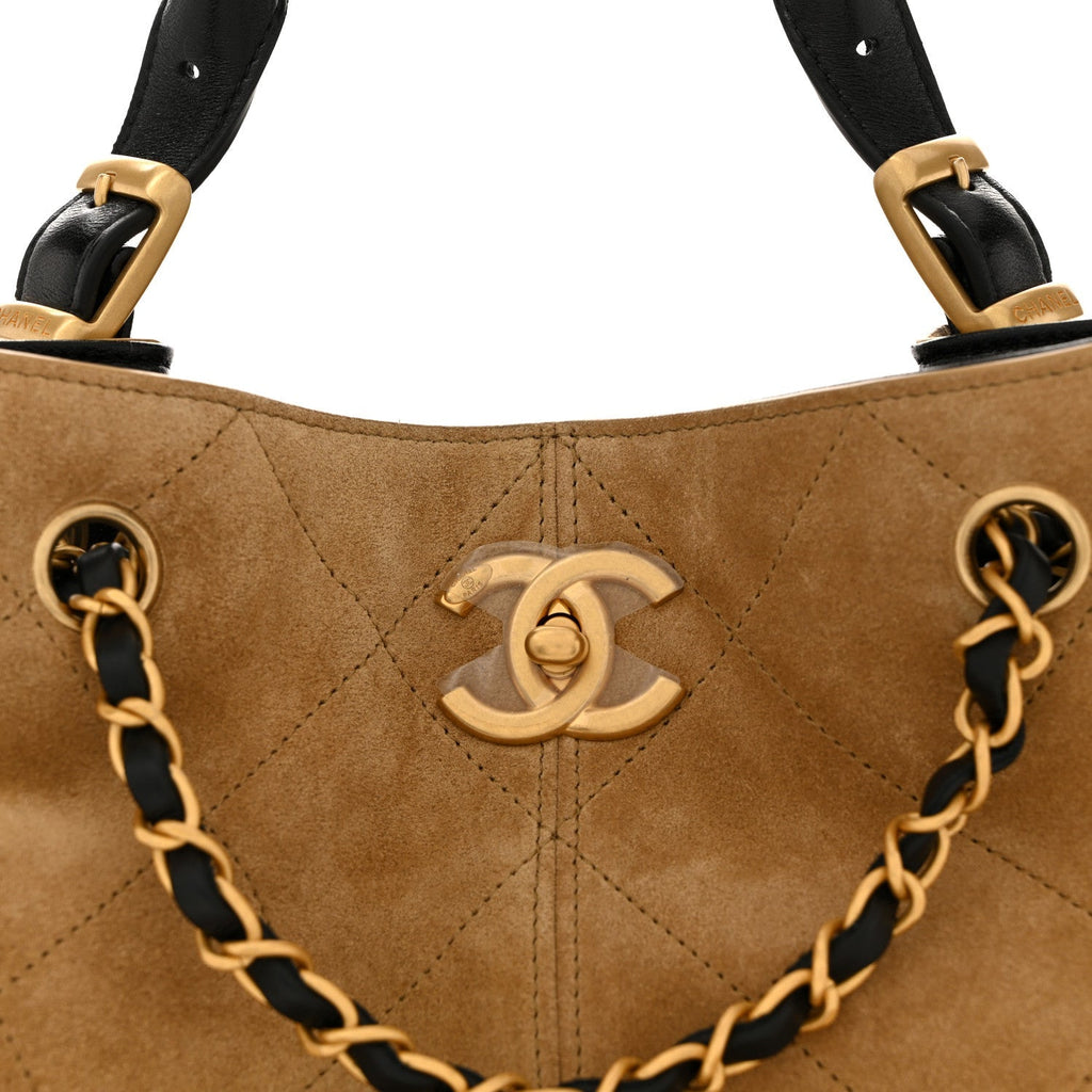 Suede Calfskin Shiny Lambskin Quilted Coco Base Shopping Bag Beige Black