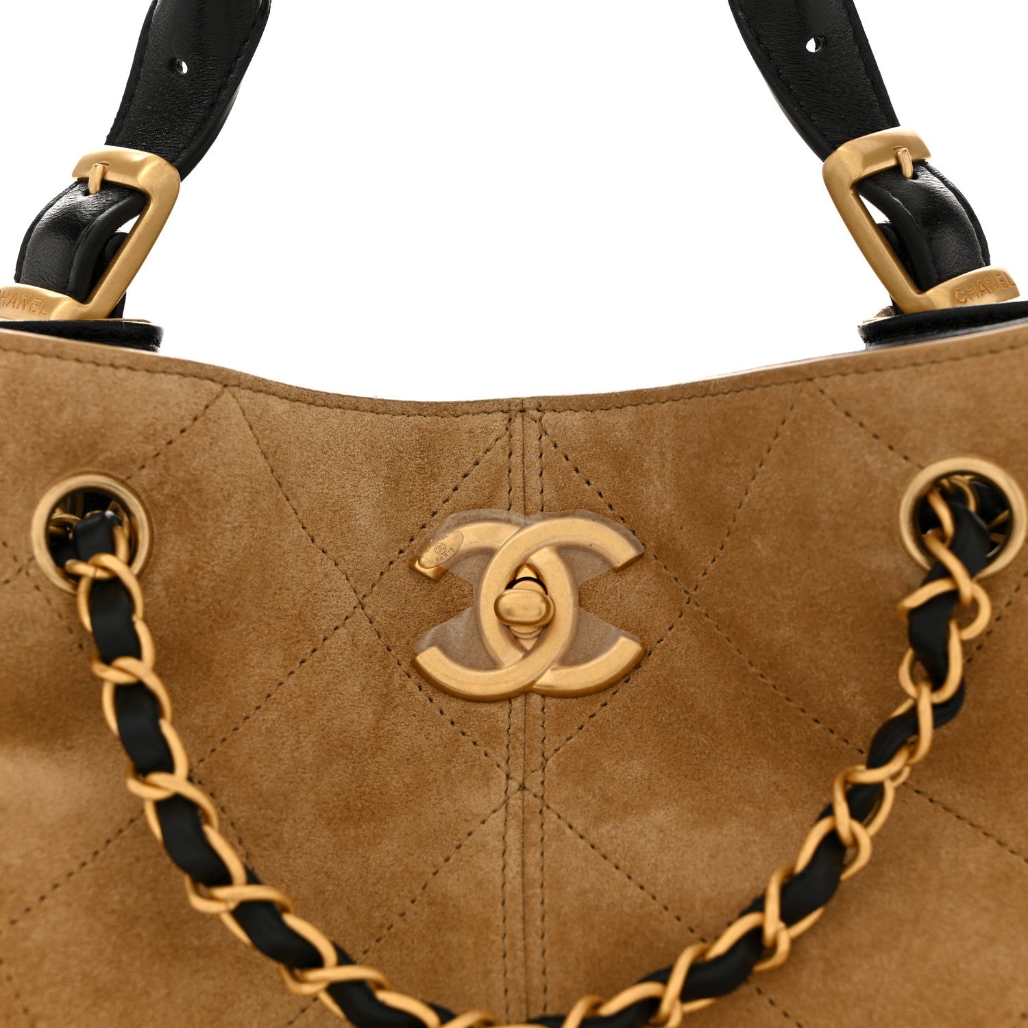 Suede Calfskin Shiny Lambskin Quilted Coco Base Shopping Bag Beige Black