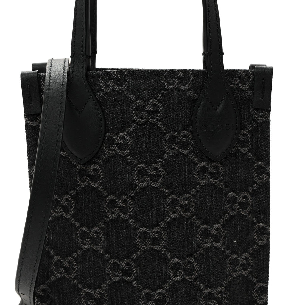 Denim Cuoio Harness GG Monogram Mini Ophidia Tote Bag Black Medium Grey