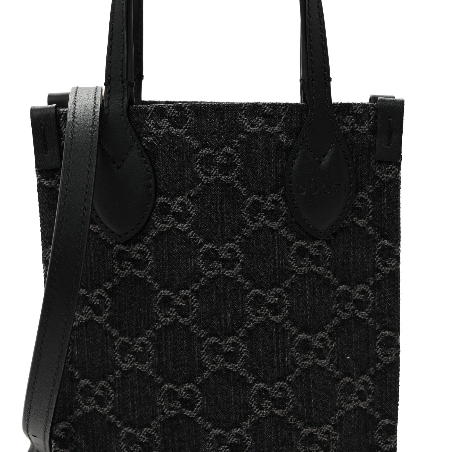 Denim Cuoio Harness GG Monogram Mini Ophidia Tote Bag Black Medium Grey