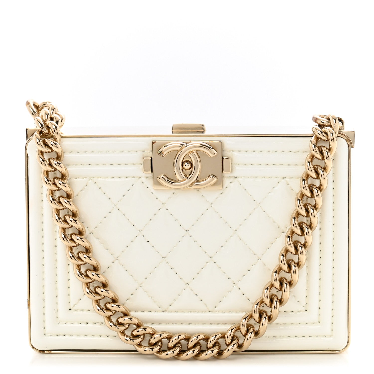 Patent Calfskin Boy Minaudiere White