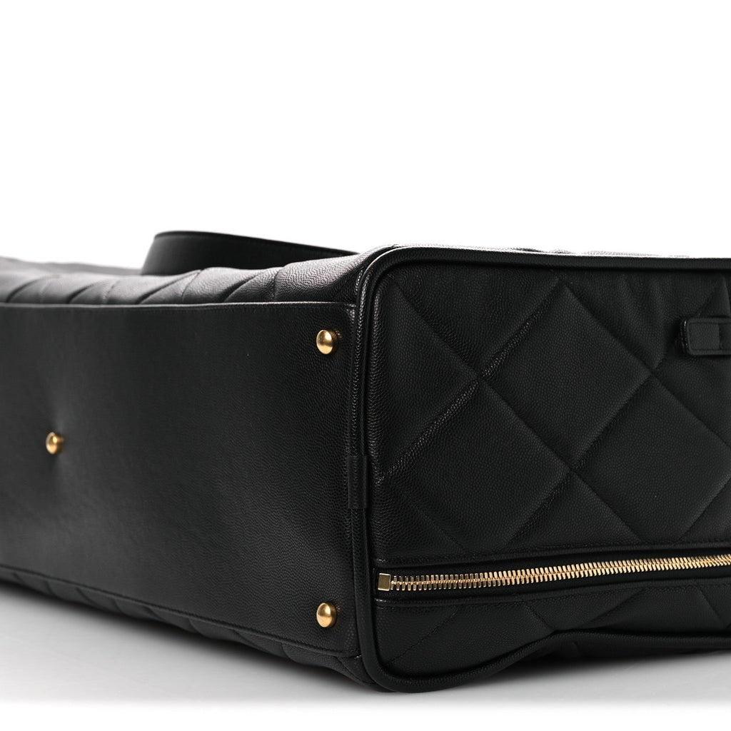 Shiny Grained Calfskin Quilted Large Travel Bowling Bag Black