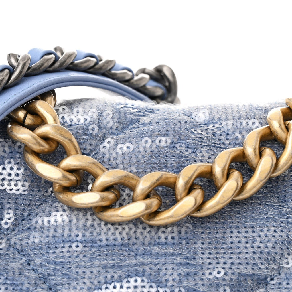 Sequin Quilted Medium Chanel 19 Flap Light Blue