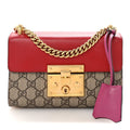 GG Supreme Monogram Calfskin Small Padlock Shoulder Bag Beige Hibiscus Red New Rosette