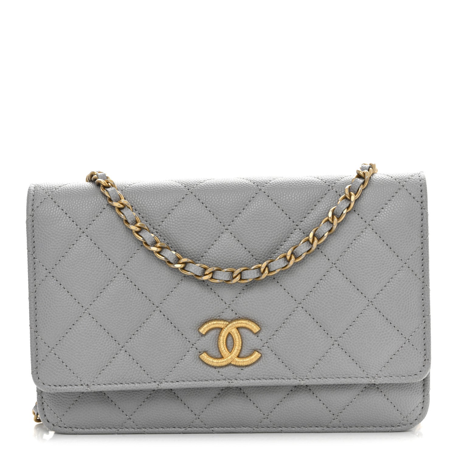 Caviar Quilted Textured CC Wallet On Chain WOC Grey