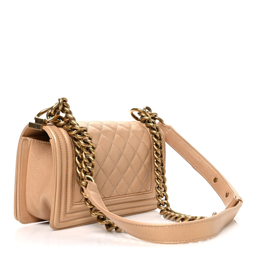 Pearl Calfskin Quilted Small Boy Flap Gold