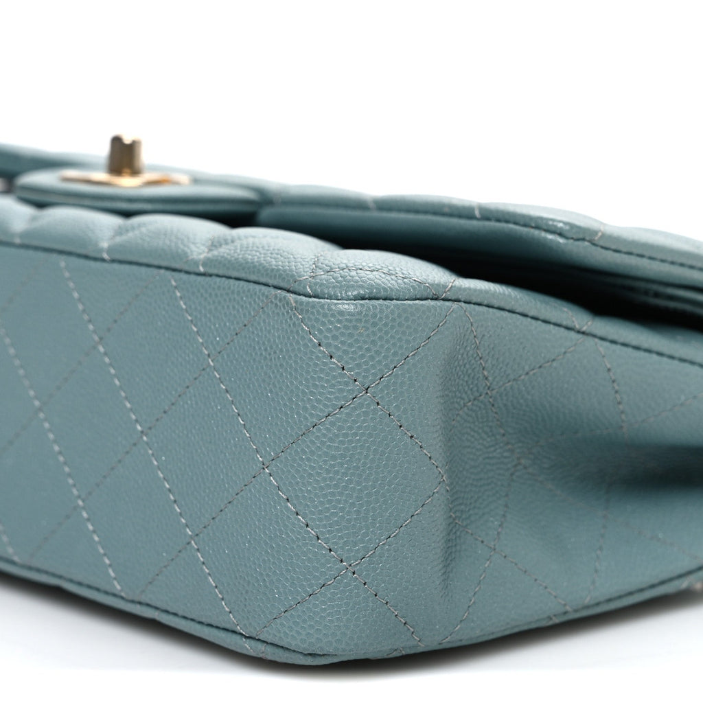 Iridescent Caviar Quilted Medium Double Flap Light Blue