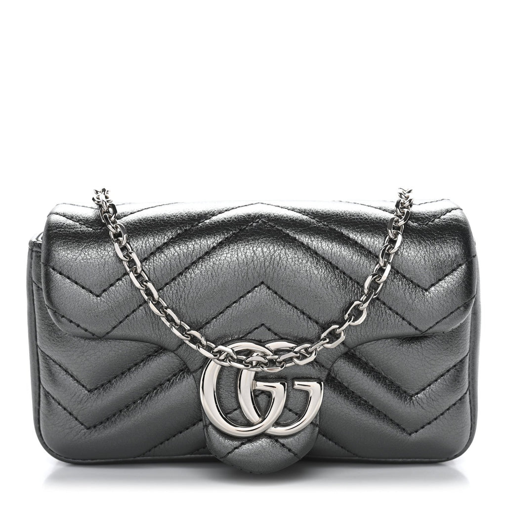 Metallic Lambskin Matelasse Mini GG Marmont Shoulder Bag Piombo