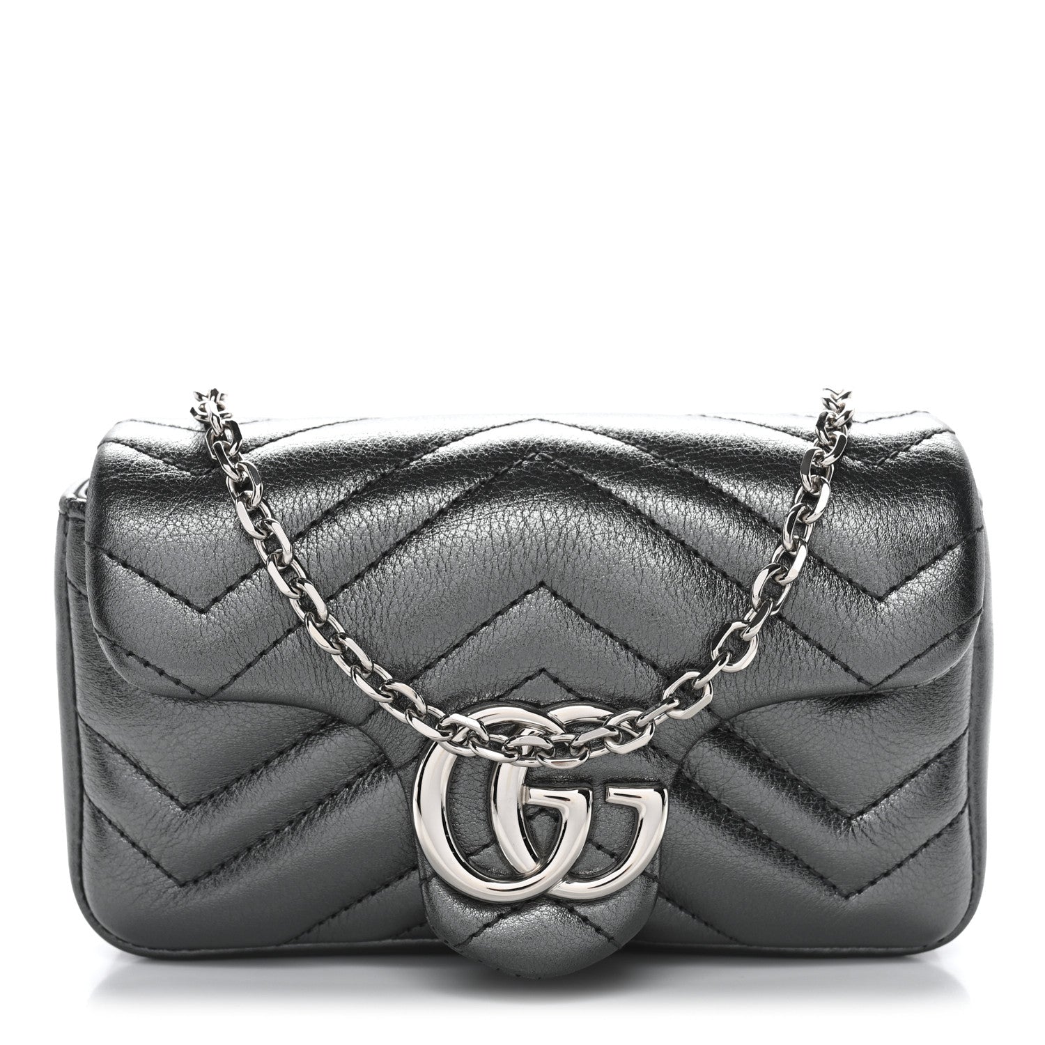 Metallic Lambskin Matelasse Mini GG Marmont Shoulder Bag Piombo