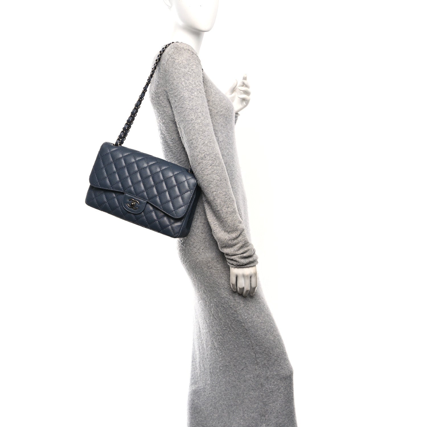 Caviar Quilted Jumbo Double Flap Dark Grey