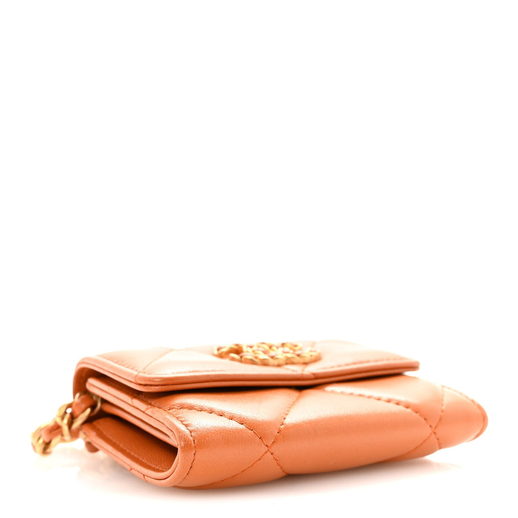 Lambskin Quilted Chanel 19 Flap Coin Purse With Chain Light Brown