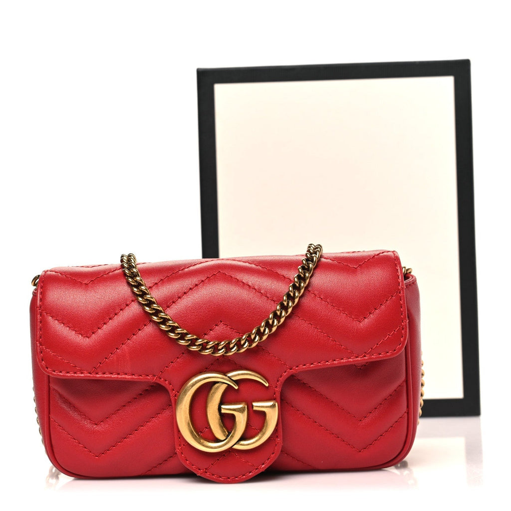 Calfskin Matelasse Super Mini GG Marmont Shoulder Bag Hibiscus Red