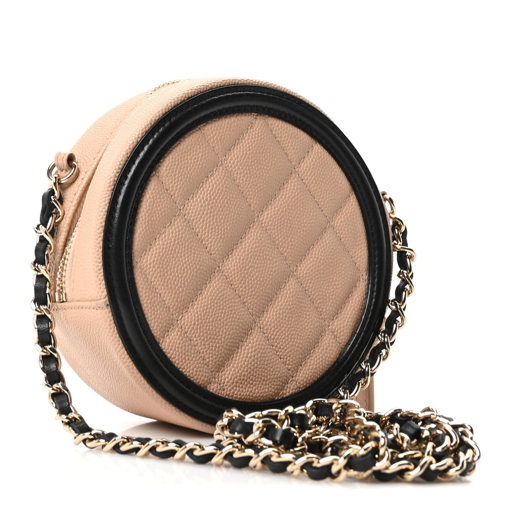 Caviar Quilted Round Filigree Crossbody Beige Black