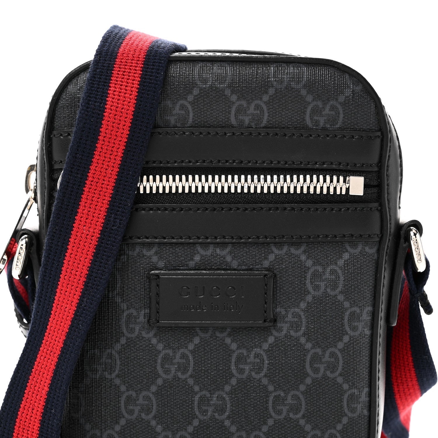 GG Supreme Monogram Appia Calfskin Web Small Camera Messenger Bag Black Grey