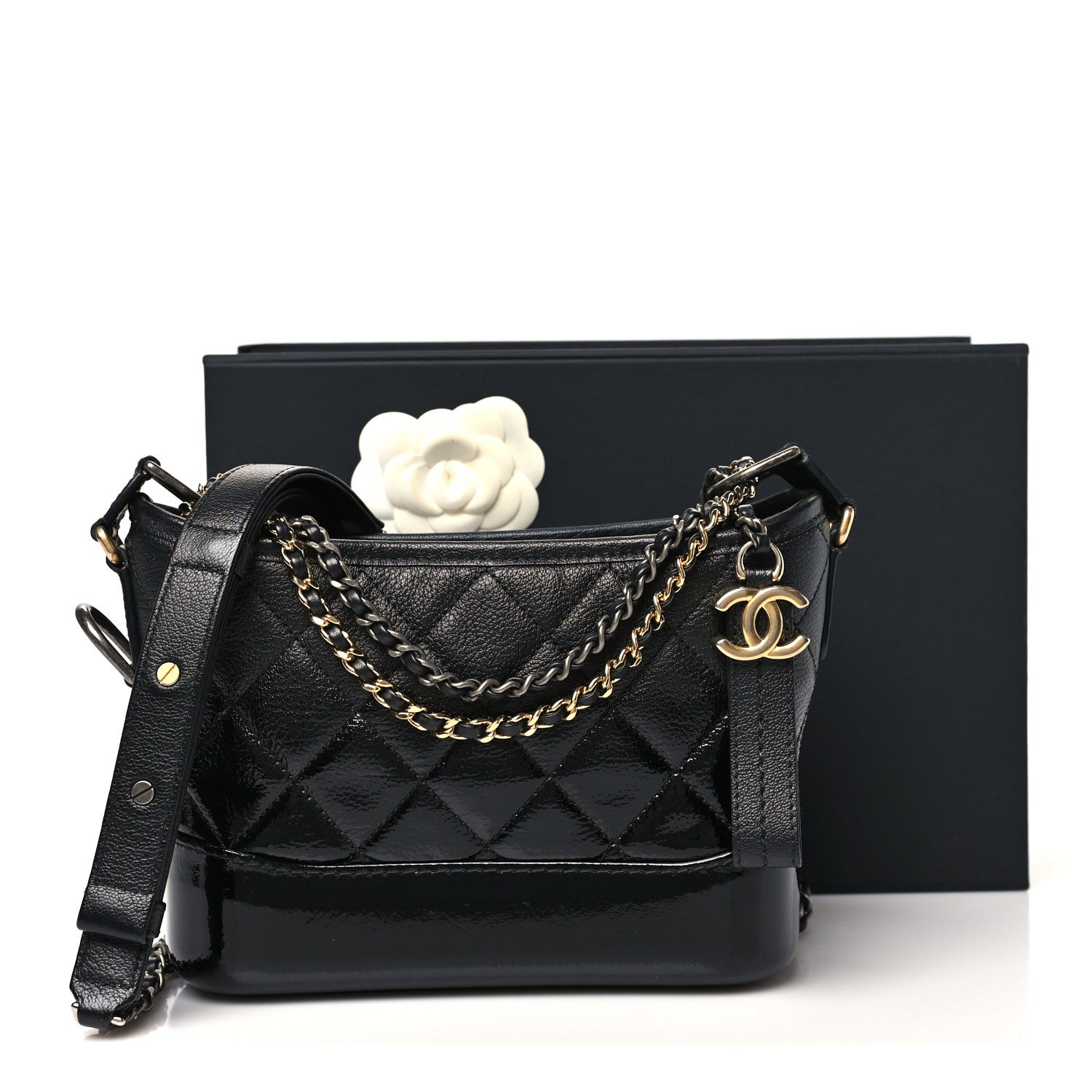 Patent Goatskin Quilted Small Gabrielle Hobo Black